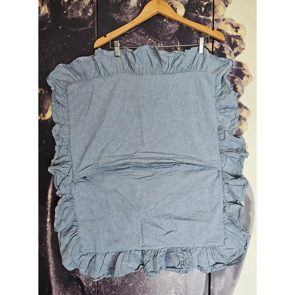 Ralph Lauren Blue Chambray Ruffle Euro Sham /Flat Sheet Set Cotton USA Queen